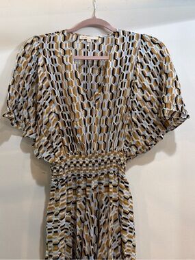 Geometric Print Smocked Waist Midi Dress - Mustard, Black & White